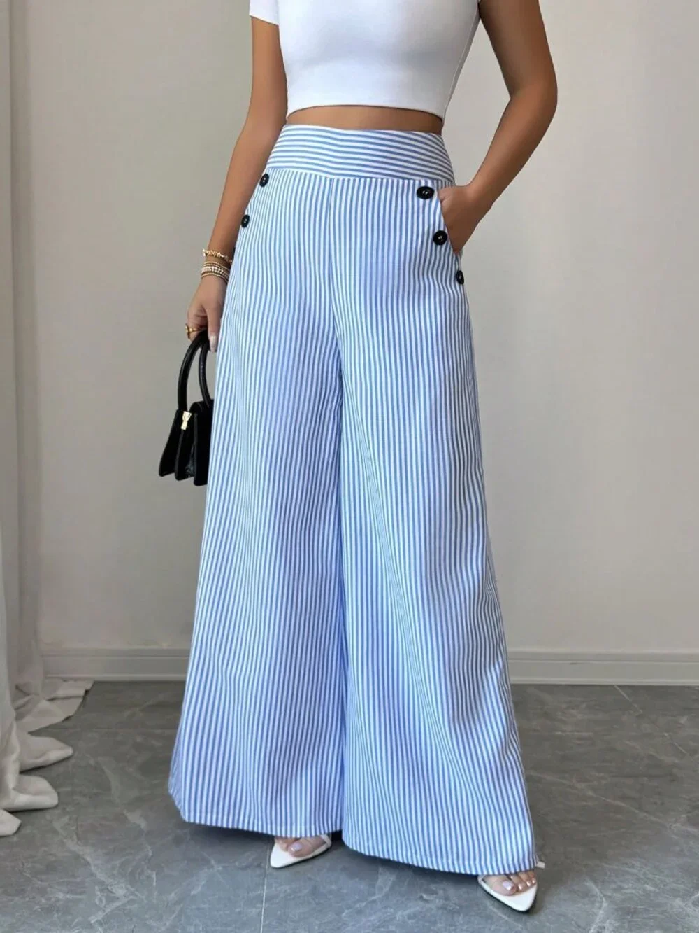 Blue And White Elegant Women's High-Waisted Slim Straight Pants - Picture 5 of 7